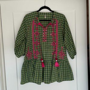 Ethnic Brand Kurti Blouse, Green Checkered. Size M